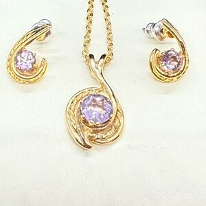 Demi-parure Necklace and Earring Set Gold Tone and Amethyst Colored Stone